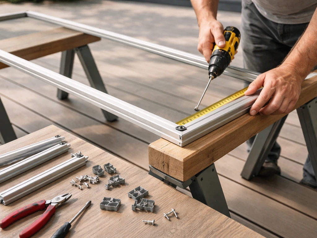 DIY worker assembling an aluminum screen frame panel with channel pieces on a deck