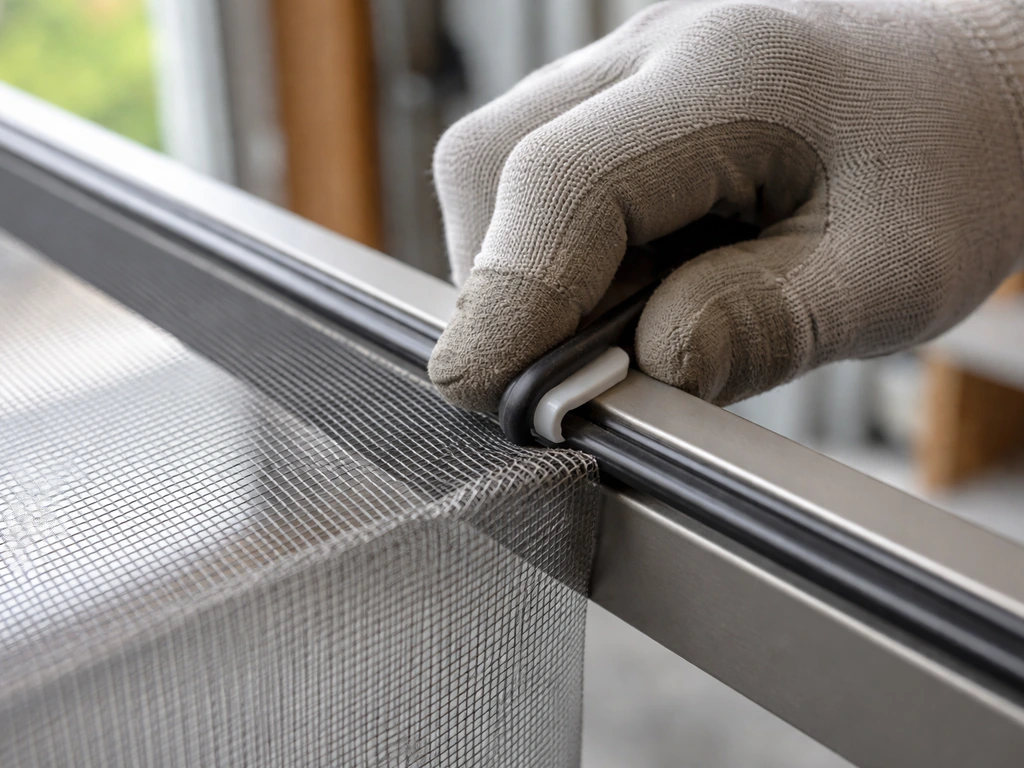 Hands press-fit a screen panel into a metal frame channel using a tension spline.