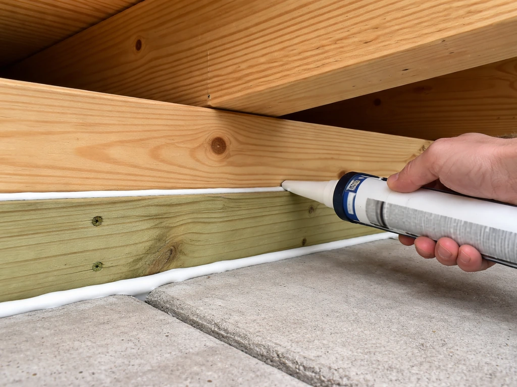 Hand applying a continuous exterior caulk bead where roof beam meets top plate and bottom plate meets deck.