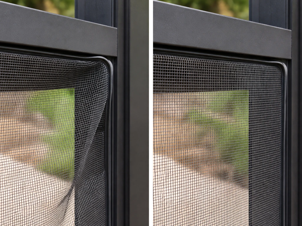Close-up of a sagging mesh enclosure edge beside a taut, neatly tensioned mesh edge in natural light.