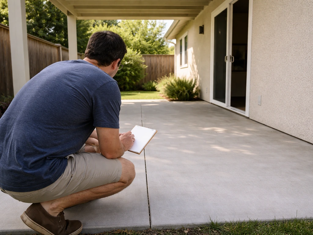 Minimal patio assessment scene with overhead cover, concrete slab, and open doorway points
