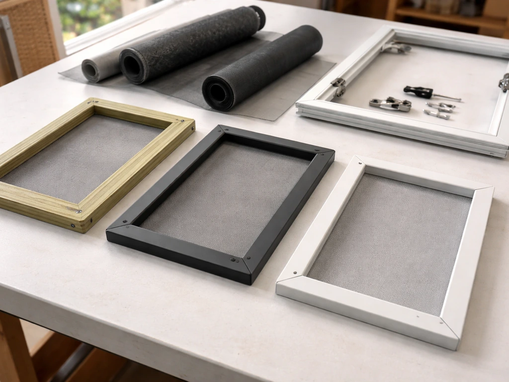 Worktable display of screened-in porch frame samples, screen mesh rolls, and a screen door hardware set.