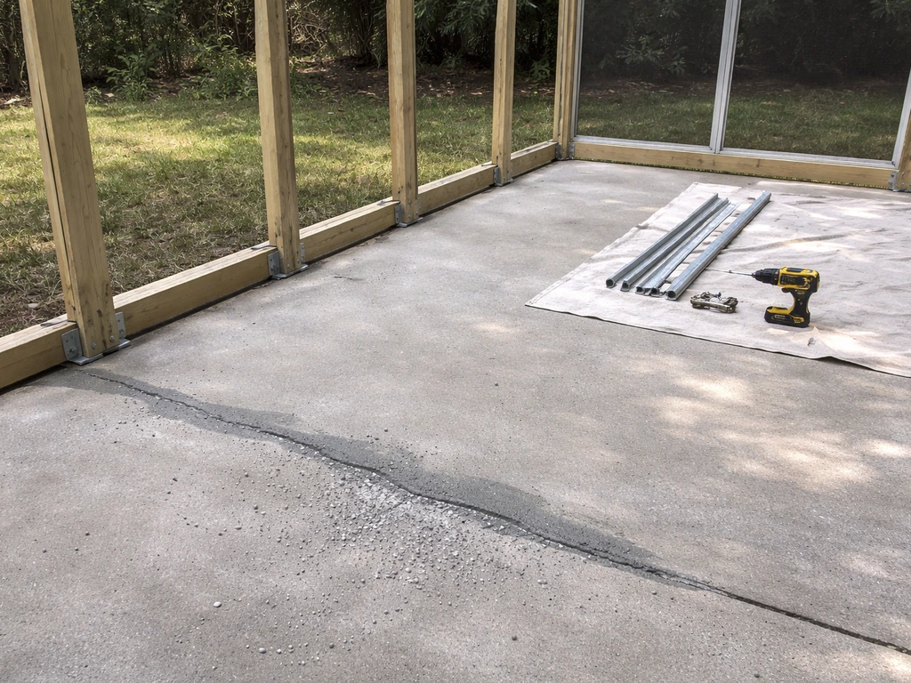 Bare concrete patio slab with fresh patching, tools nearby, and screened frame bays partially assembled