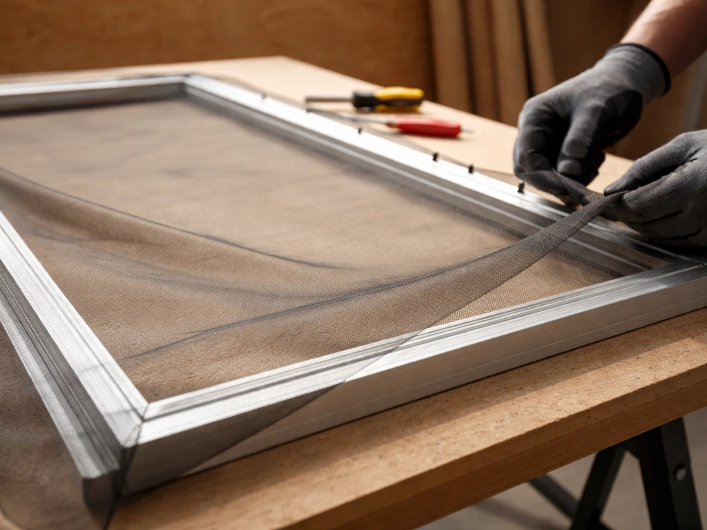 Gloved hands start securing oversized screen mesh onto a framed screen bay on a worktable.