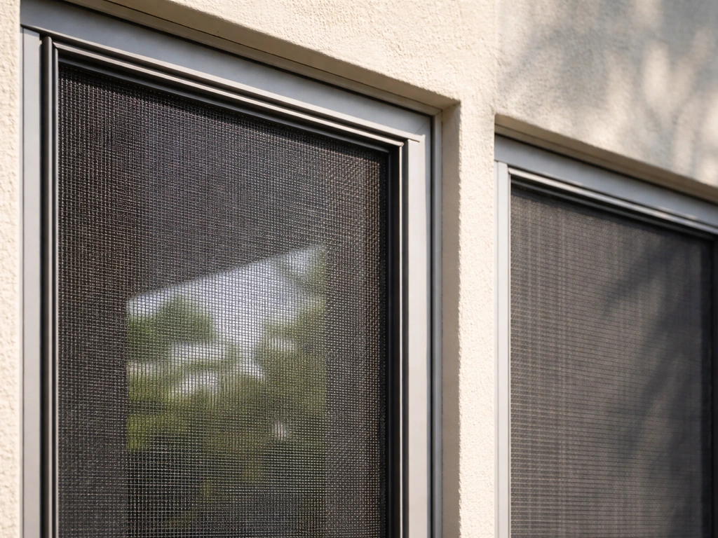Close-up of a solar insect screen mesh installed in an outdoor wall opening, with soft sunlight and breeze feel.