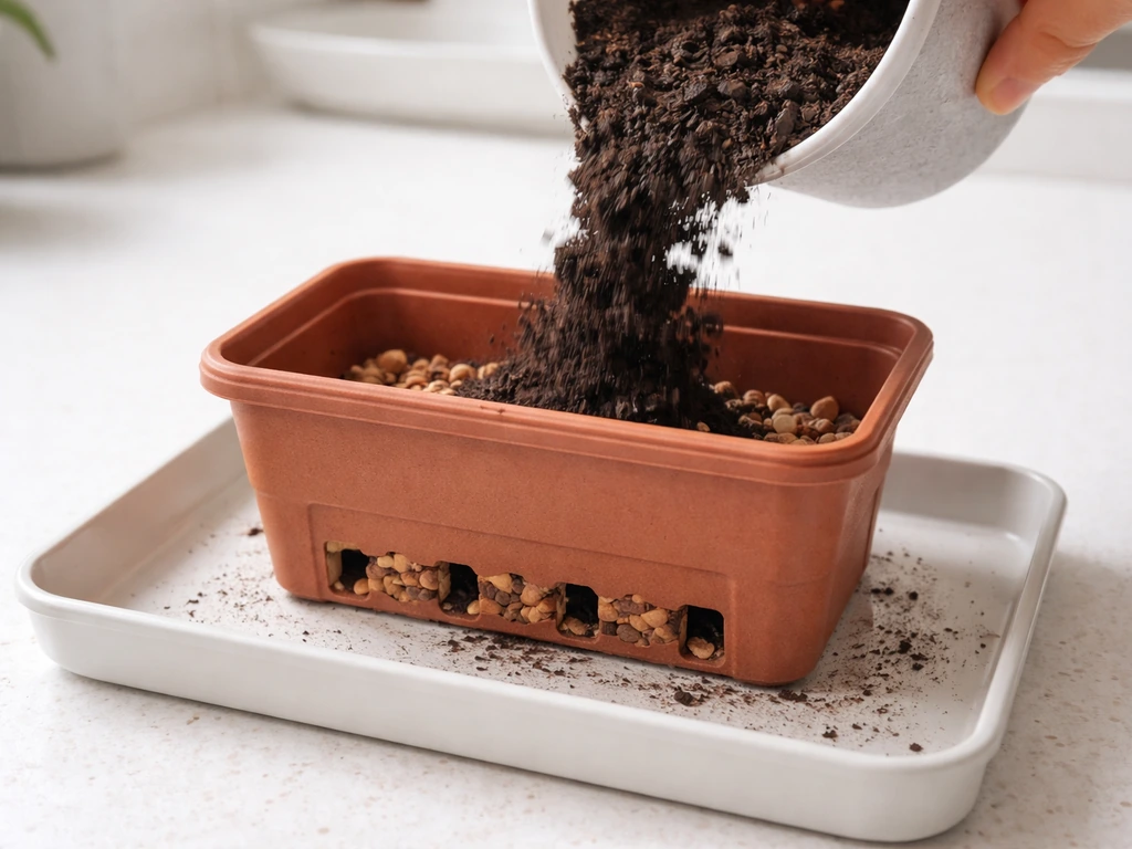 Hand pouring potting mix into a small planter, with bottom drainage holes and drainage layer visible.