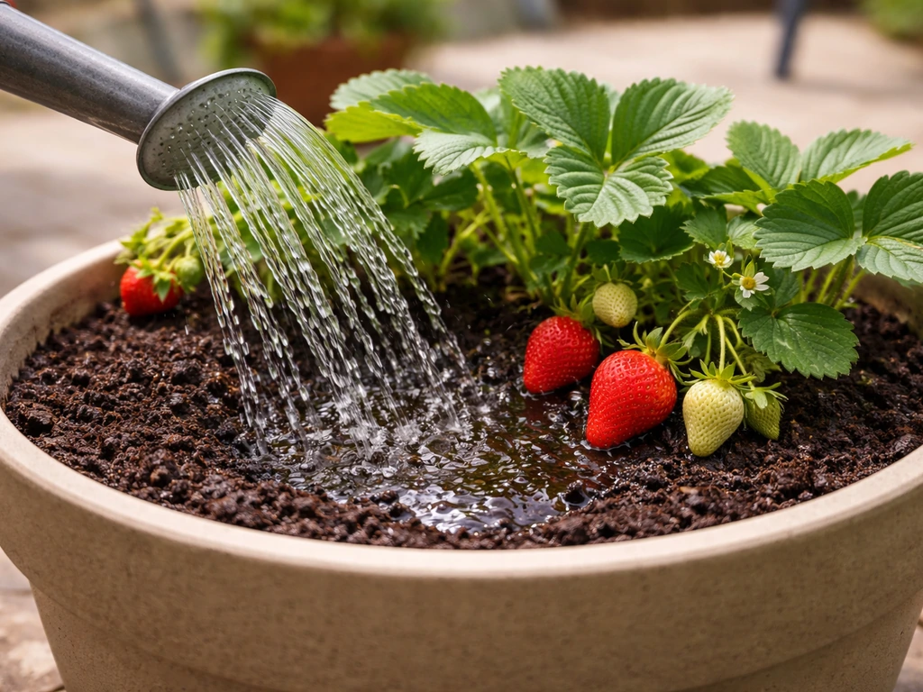 Watering patio container strawberry plants at the soil base with visibly moist dark soil.