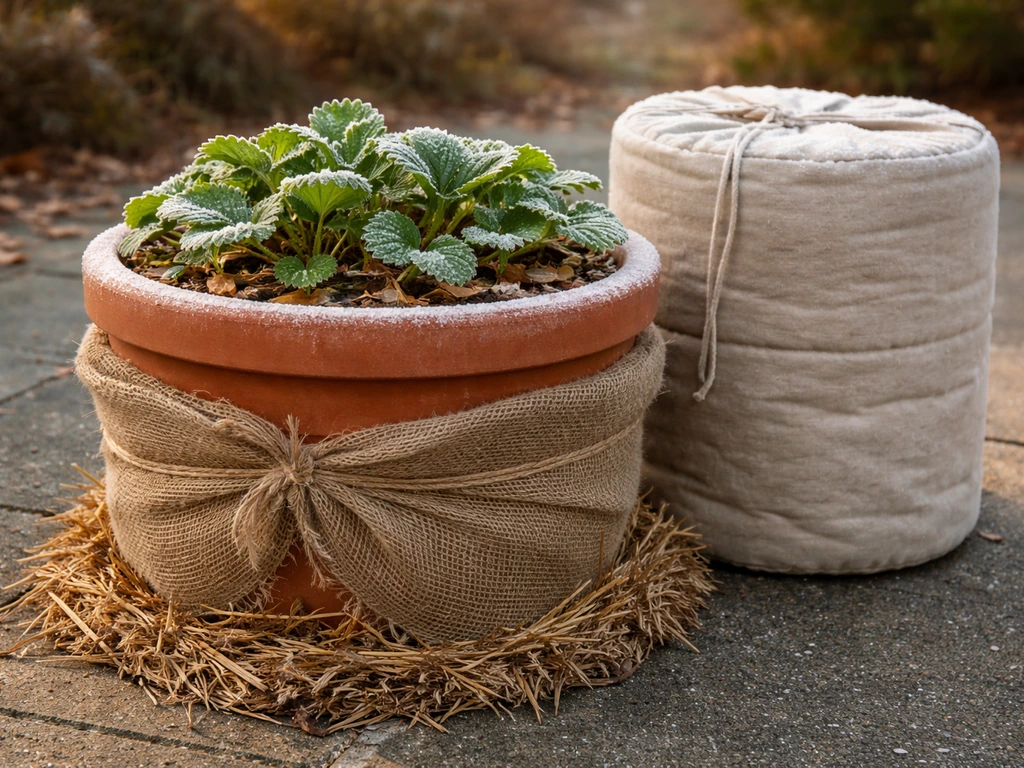 Insulated patio container holding strawberry plants with protective mulch and burlap in cold weather.
