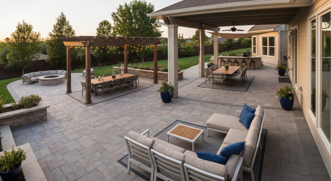 Wide-angle photorealistic view of a large zoned patio—dining under a pergola, lounge sectional on a rug, separate fire-pit circle, bar station, and clear walkways; golden-hour lighting.