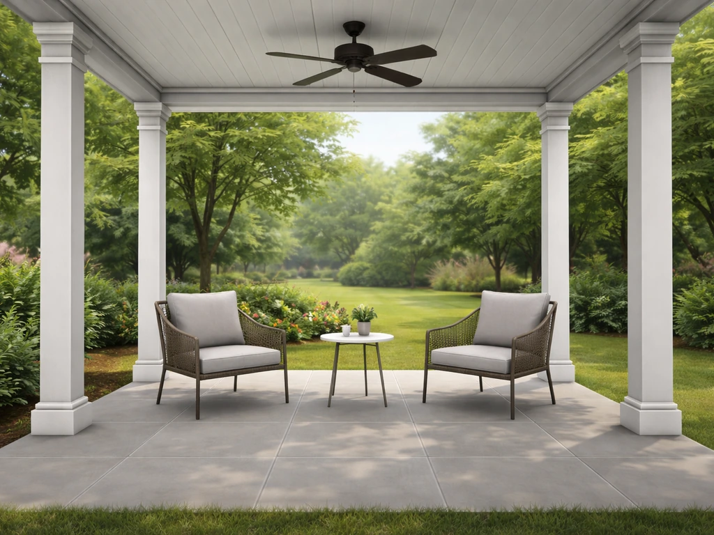 Clean Sims 4 covered patio with roof overhang, four columns, and patio flooring in natural light.
