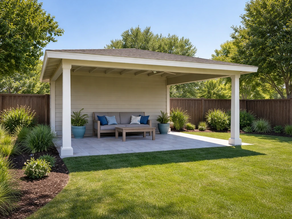 Roofed, semi-enclosed Sims 4 backyard patio with open sides and columns, shown in natural light.