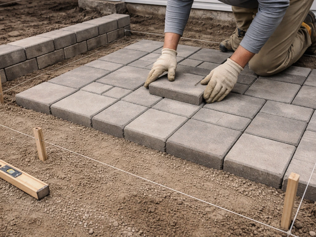 Hands laying patio pavers in a rectangular grid beside freshly marked wall and half-wall lines