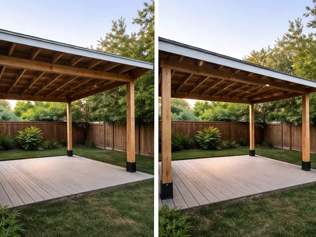 Side-by-side view of a flat vs shed roof cover over the same unfinished patio frame.