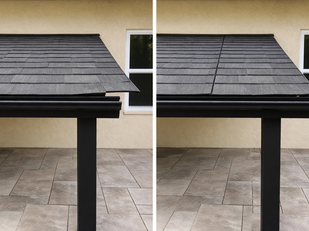 Backyard patio with a roof misaligned and a properly placed roof edge showing the corrected gap.