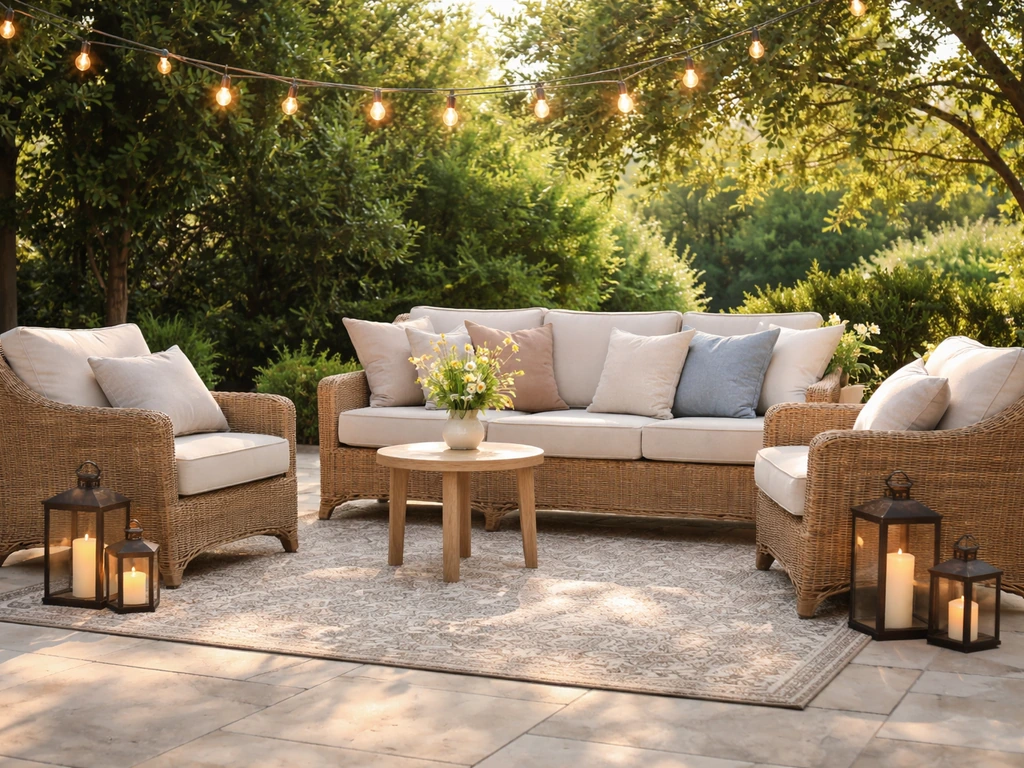 Sunlit patio seating with layered textiles, outdoor rug, warm lanterns and string lights in a clean layout.