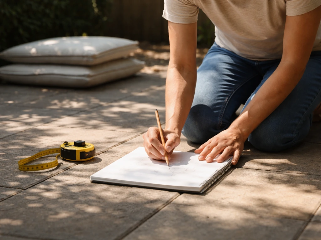 Person kneeling on a patio sketching a simple sun/shade plan for summer decor