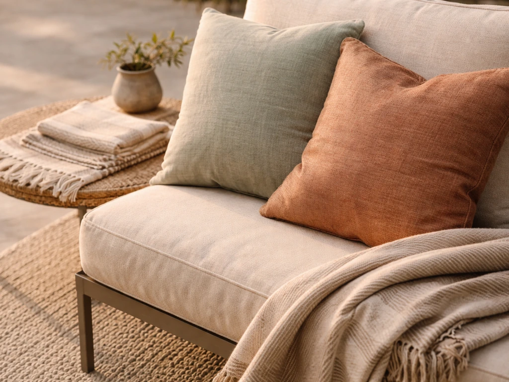 Close-up of outdoor cushions, pillows, and a styled side table with woven textiles and rug textures.