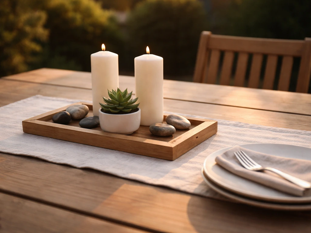 Outdoor dining table with a low tray centerpiece of candles and a small succulent, with subtle accents.