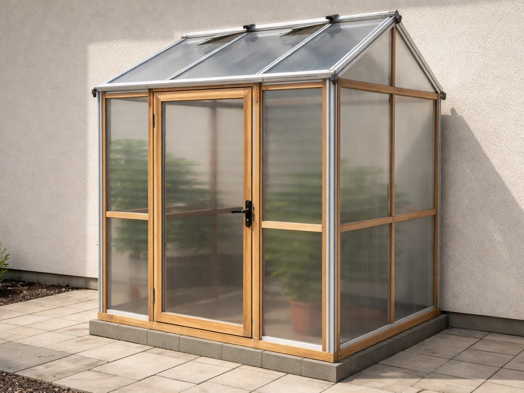 Minimal patio greenhouse with polycarbonate panels and timber frame, weatherproof and ready for plants