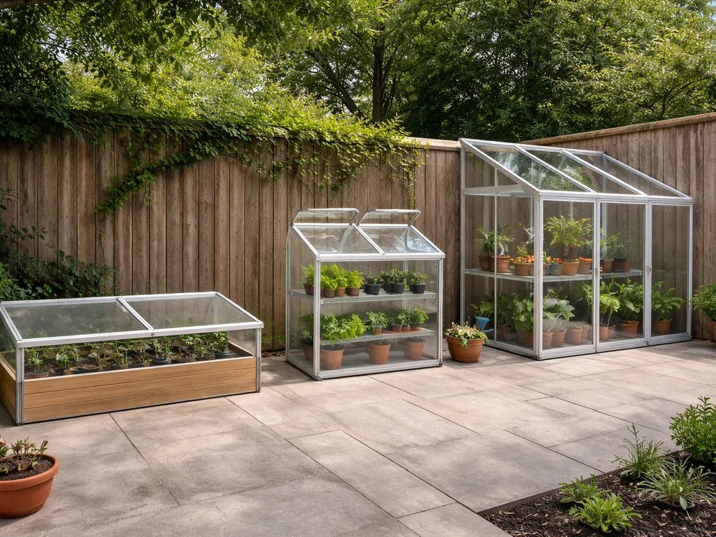 Three simple patio greenhouse setups side by side: cold frame, mini-greenhouse, and a lean-to attached enclosure.