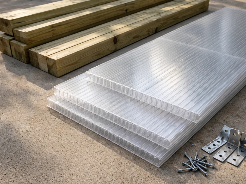 Close-up of pressure-treated lumber and twin-wall polycarbonate panels arranged for assembling a greenhouse frame.