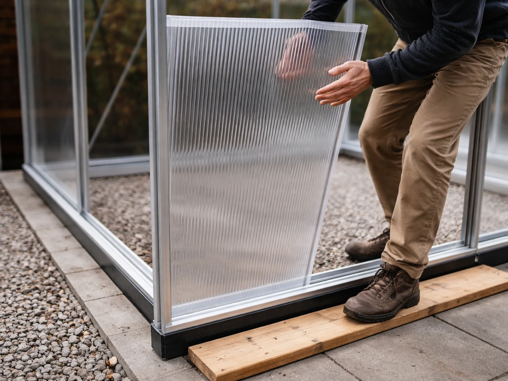 Anonymous person fitting twin-wall polycarbonate greenhouse panels, flutes oriented for condensation drainage.