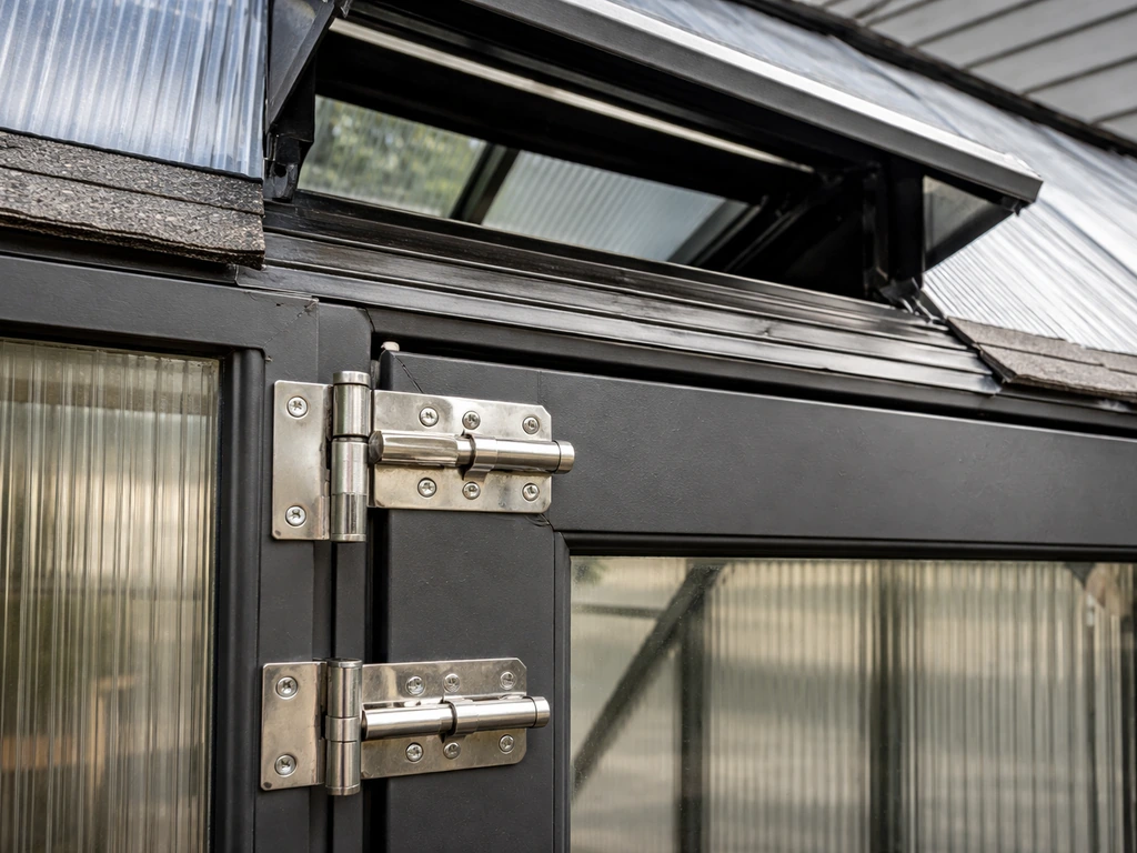 Close-up of installed greenhouse door hinges and barrel bolt latch with roof vent opening and sealed flashing details.