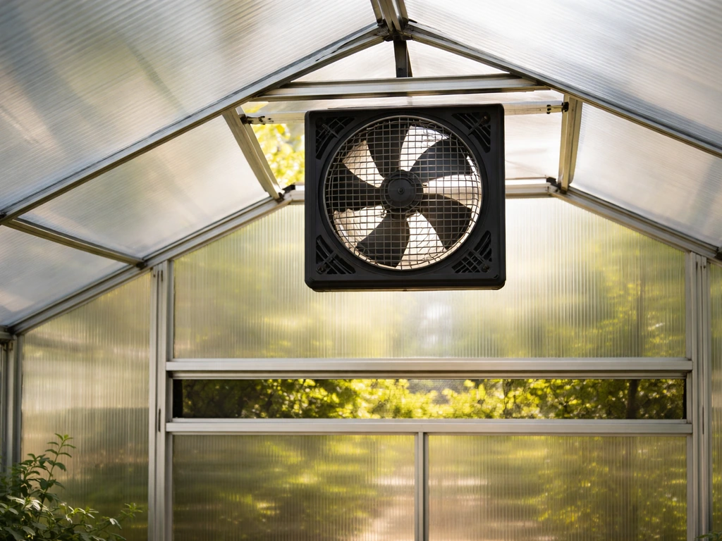 Greenhouse roof vent with a small thermostatically controlled exhaust fan and inlet opening