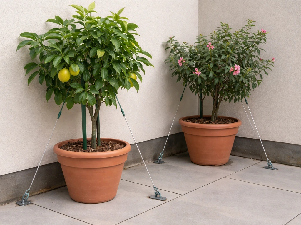 Container patio plants stabilized with stakes and ground anchors to prevent wind from blowing them over.