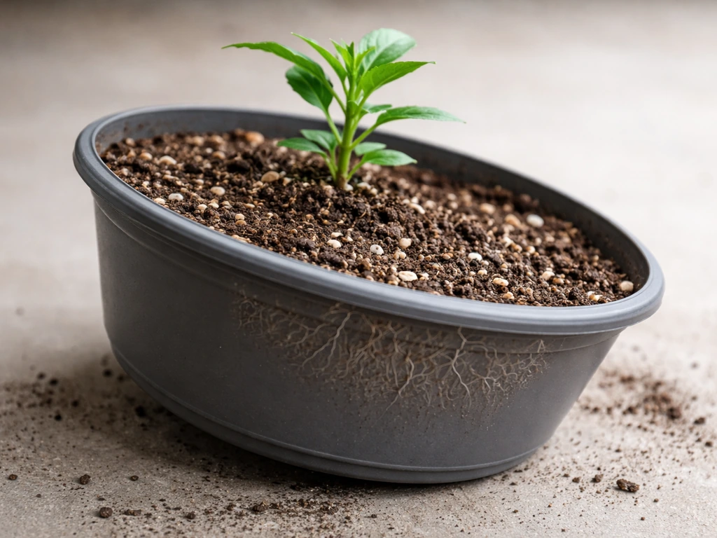 Close-up of a tilted lightweight nursery pot with early roots not yet fully established.