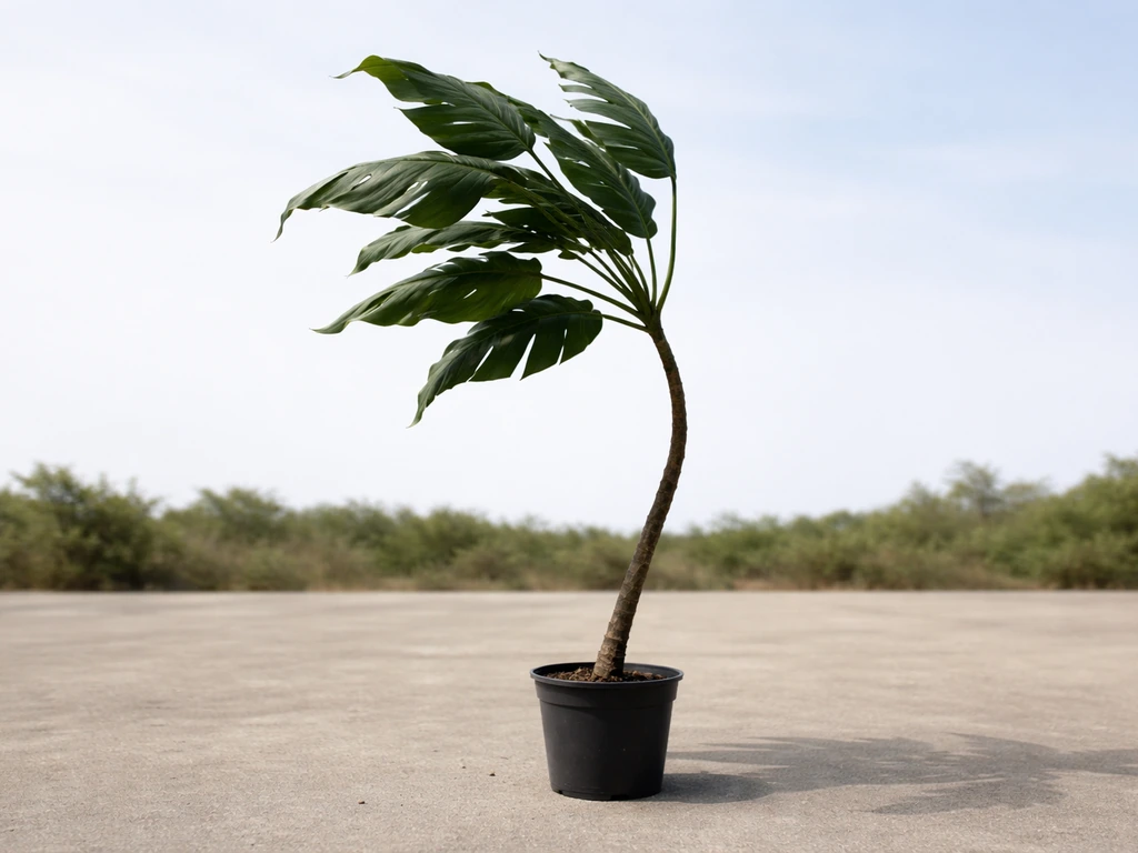 A tall leafy patio plant in a small pot leaning with wind, emphasizing top-heavy height and leaf area.