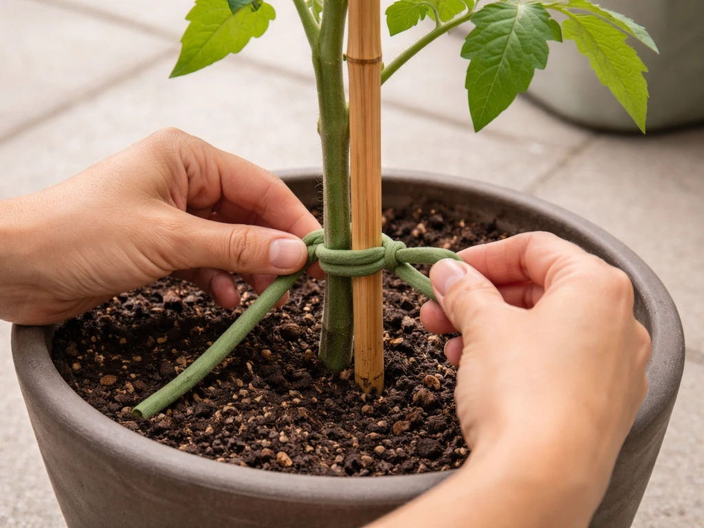 Hand inserting a bamboo stake beside a tall potted plant, then tying it with soft garden ties