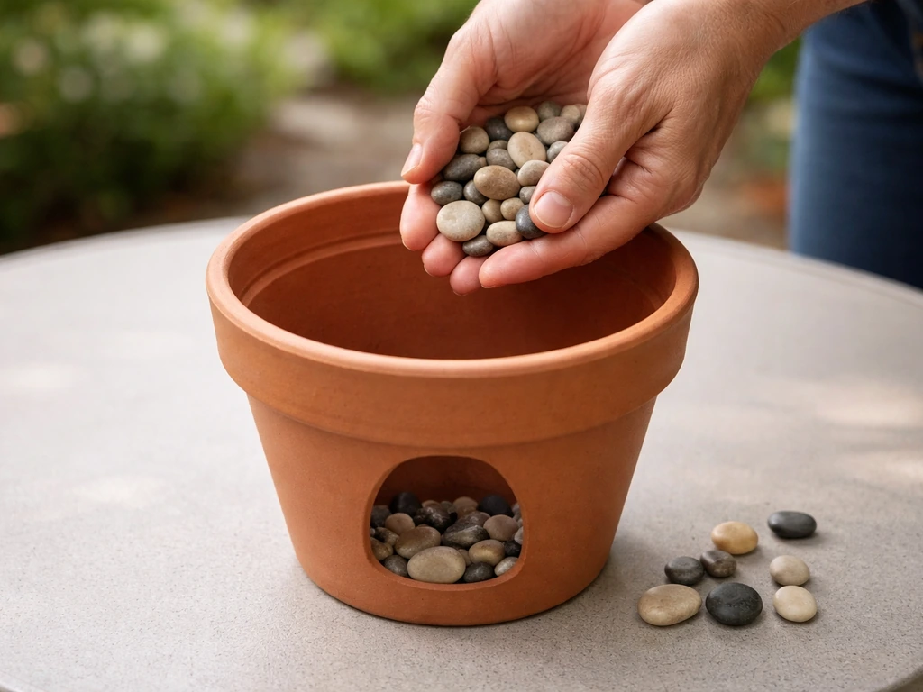 Hands placing small smooth pebbles in the bottom of a terracotta planter for added stability.