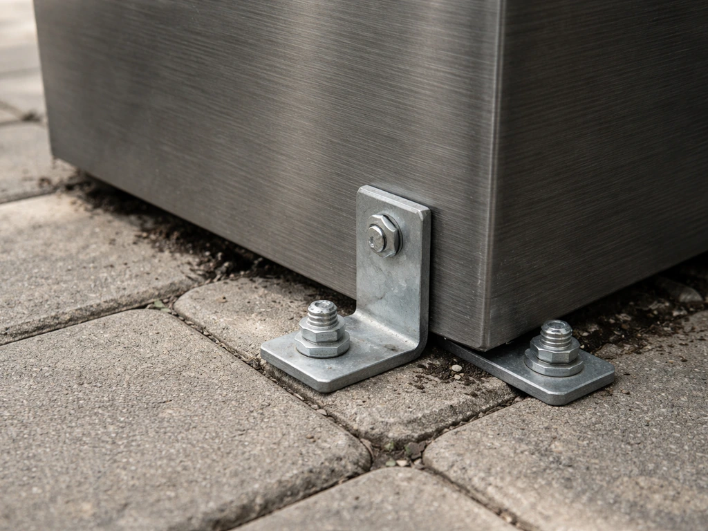 Heavy planter anchored to patio pavers with visible metal brackets and anchor bolts.