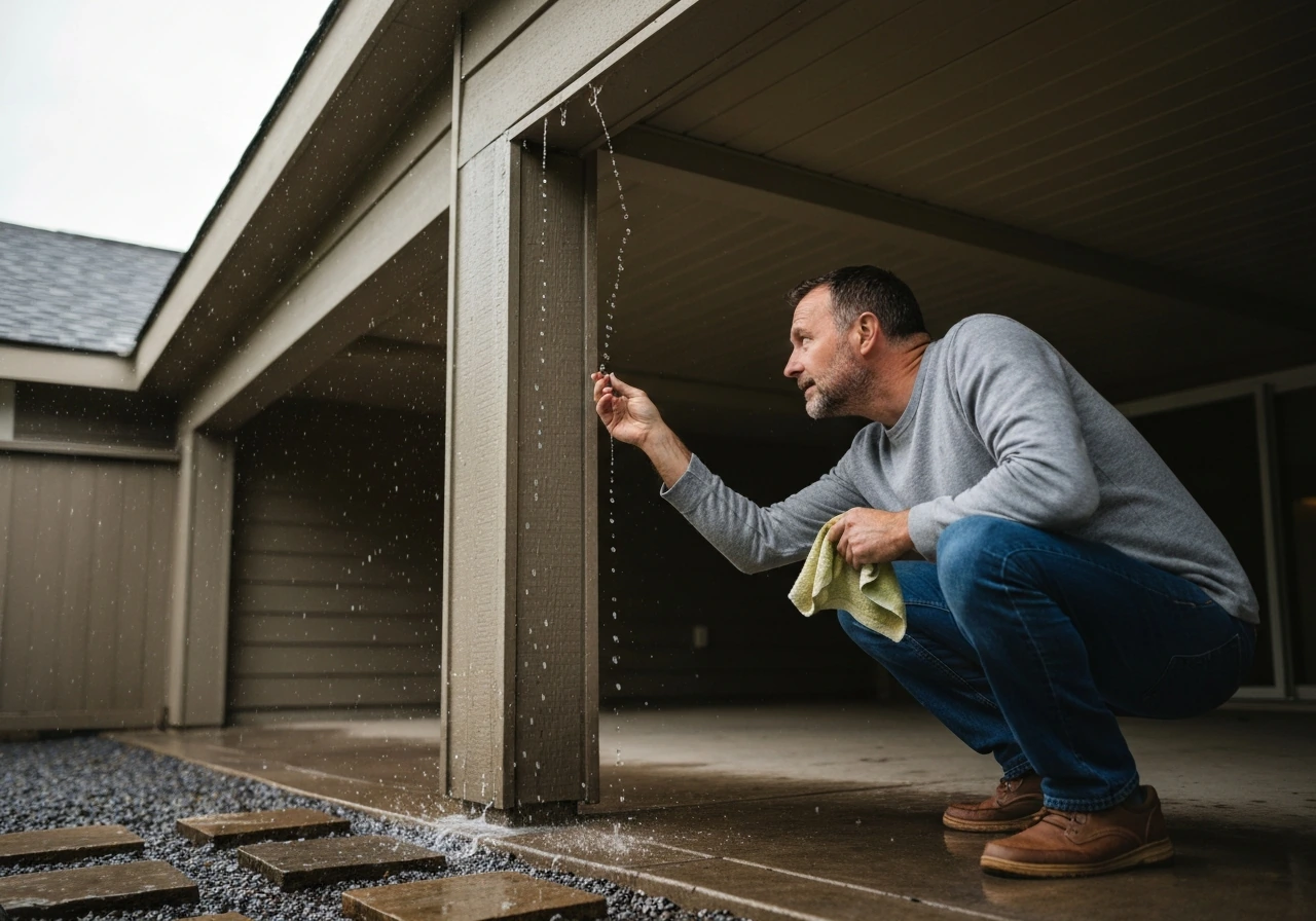 Homeowner watches rainwater drip at patio ceiling corner, spotting where water enters during a storm.