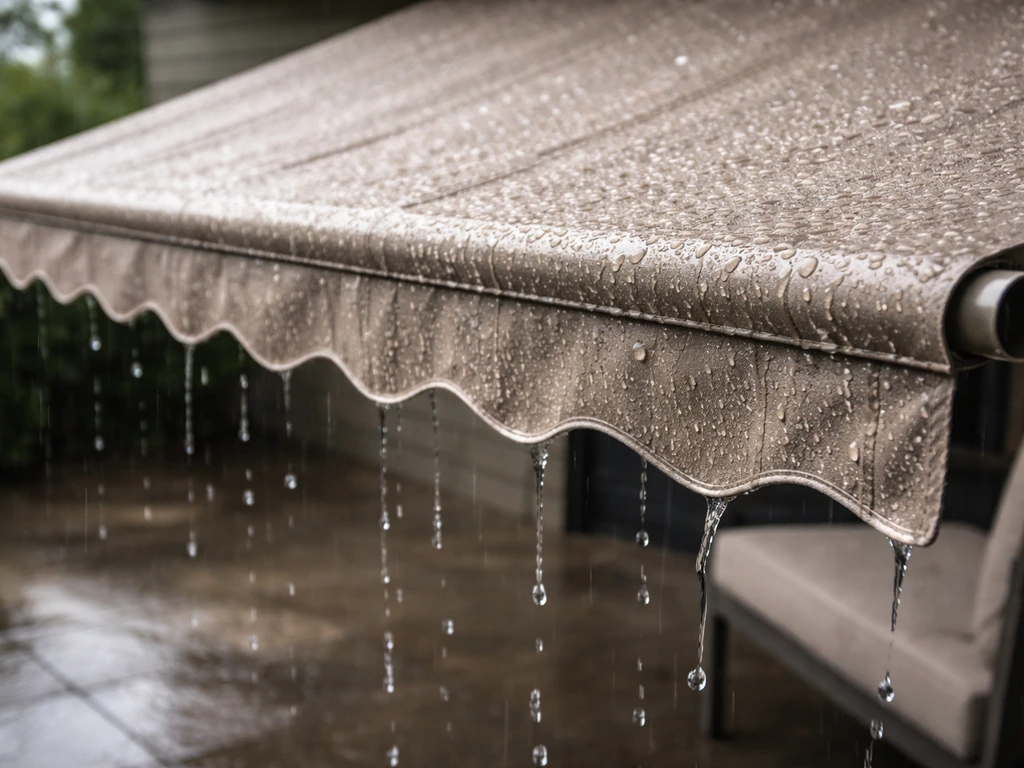 Retractable patio awning in the rain with water beading on the fabric and runoff away from seating