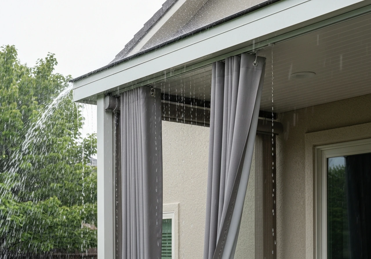 Outdoor patio curtains on a zip track blocking wind-driven rain at a home exterior.