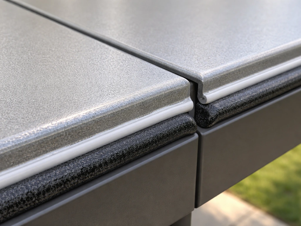 Close-up of exterior weatherstripping and sealed panel joints along a patio cover perimeter edge.