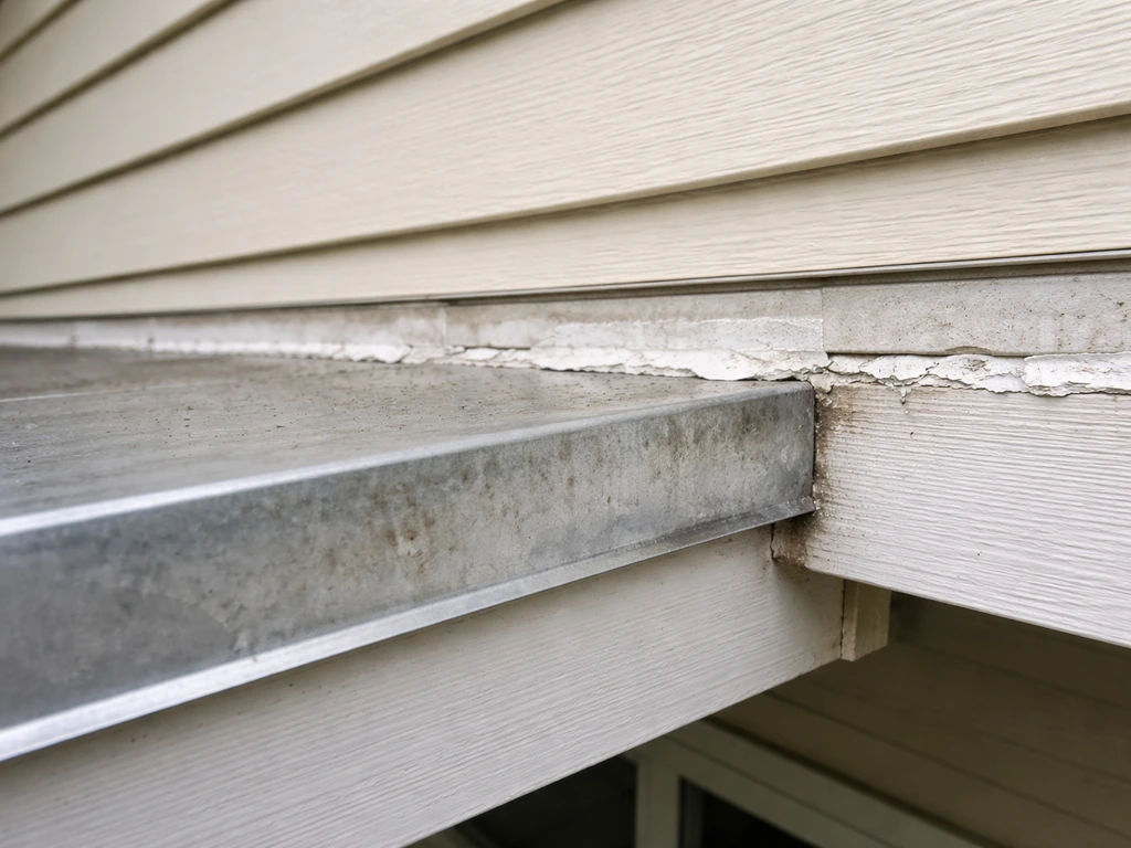 Close-up of patio cover flashing and seal at the house junction with post-storm water staining