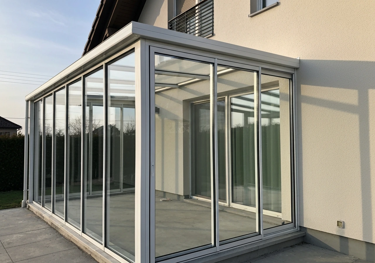 Completed framed aluminum glass patio enclosure with sliding door attached to a home, showing clear weather-tight glazin