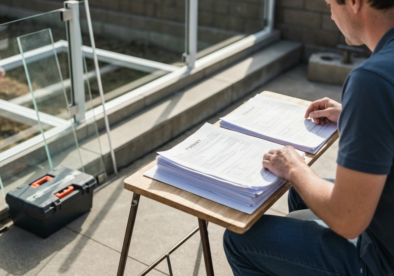 Homeowner reviewing permit and HOA documents at a patio project site with glass railing materials nearby.
