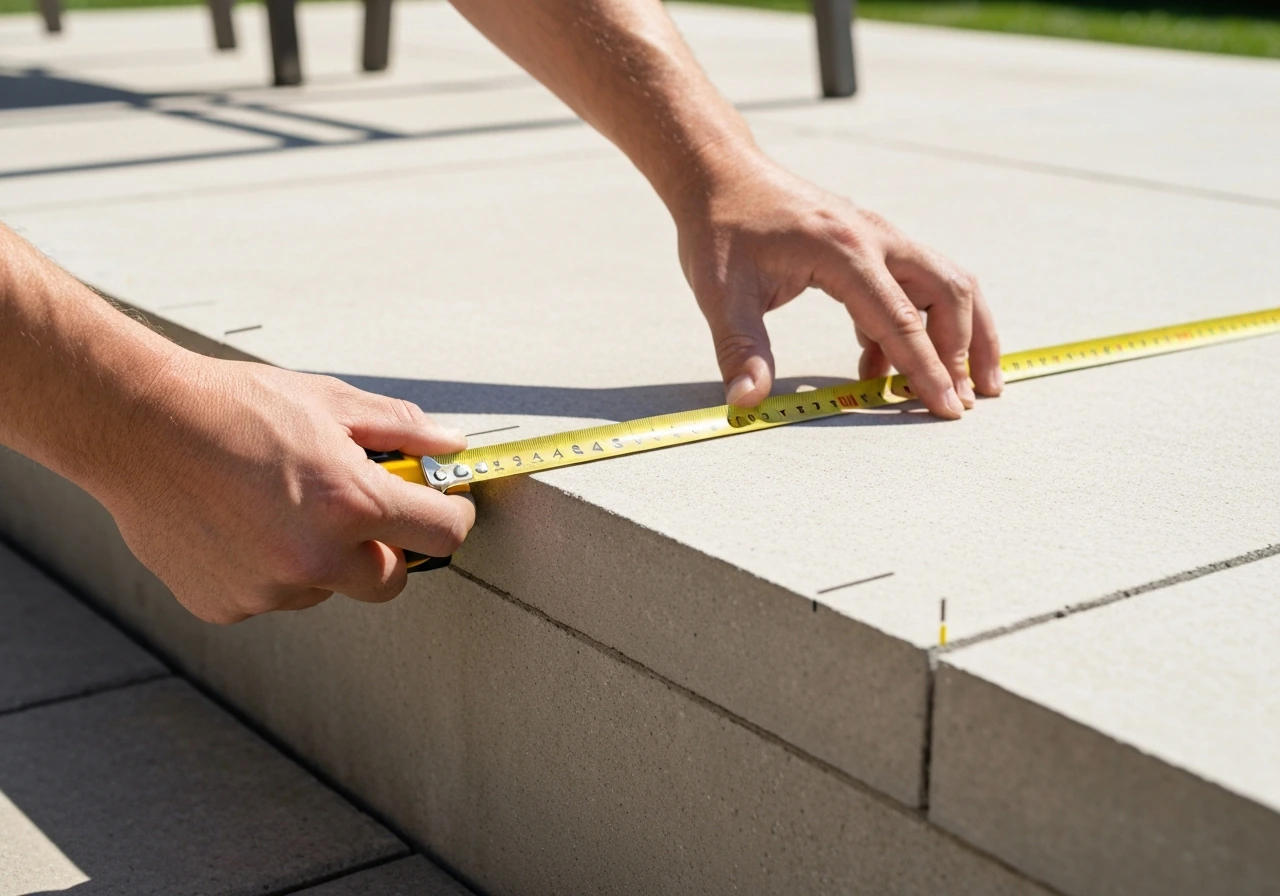 Close-up of a tape measure measuring a patio slab perimeter for a glass enclosure installation.