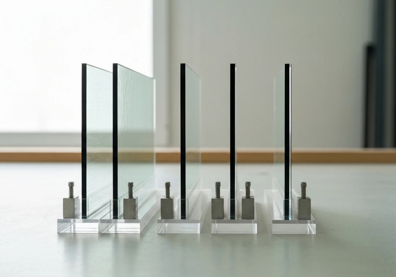 Close-up of three glass panel samples on a workbench in clear holders, showing tempered, laminated, and IGU edges.