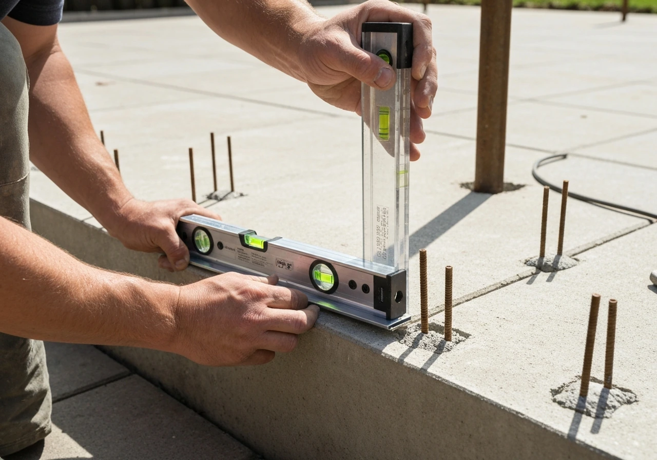 Worker leveling an exterior patio track with a spirit level and fasteners on concrete slab