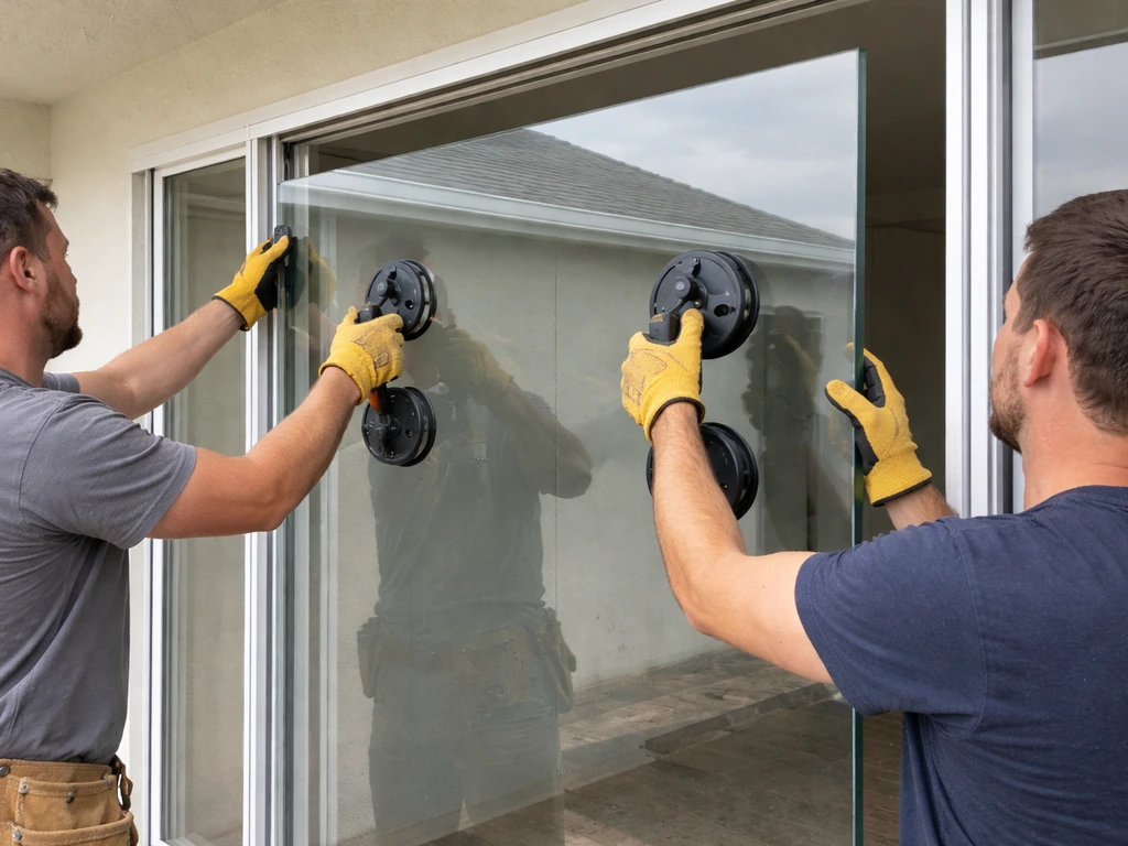 Two workers align a large glass panel into an aluminum frame using suction cup lifters on a patio.