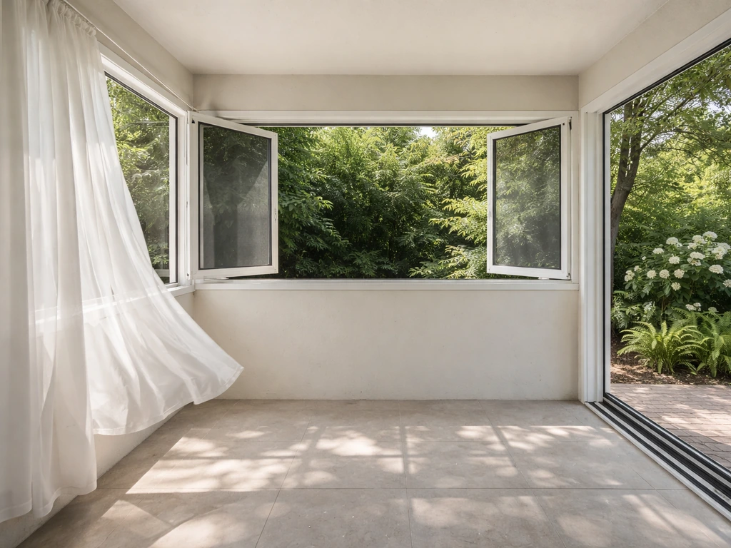 Minimal enclosed room with opposite operable windows/panels slightly open for cross-ventilation