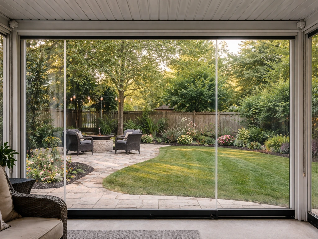 Clear plastic patio enclosure with visible track frame, smoothly sealed and anchored in a residential backyard.