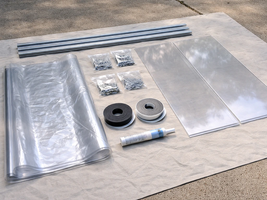 Clear UV-treated vinyl and rigid panels with header track, screws, tape, and clear caulk on a simple workbench.
