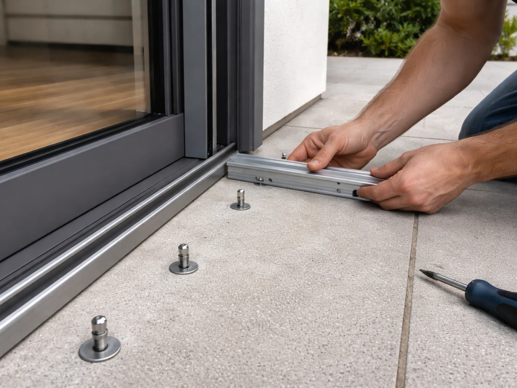 Minimal patio scene showing a door edge, concrete anchoring points, and track/frame placement