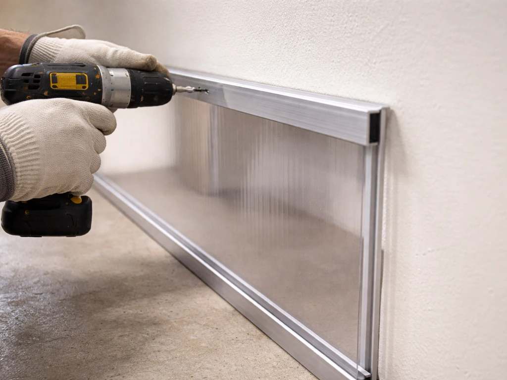 Worker installing rigid polycarbonate panel into top and bottom U-channels at header and floor
